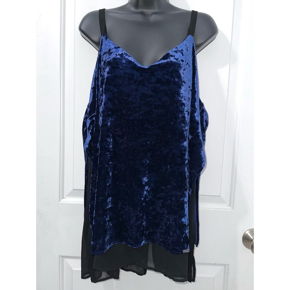 MBLM blue velvet top with a chain detail on the back